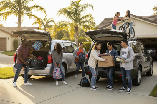 Diverse California parents and high school students of different ethnicities preparing for the school year and getting into a family car